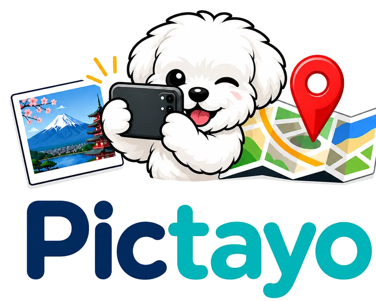 Pictayo logo featuring a white Maltipoo taking a photo beside a Mount Fuji picture, map, and location pin